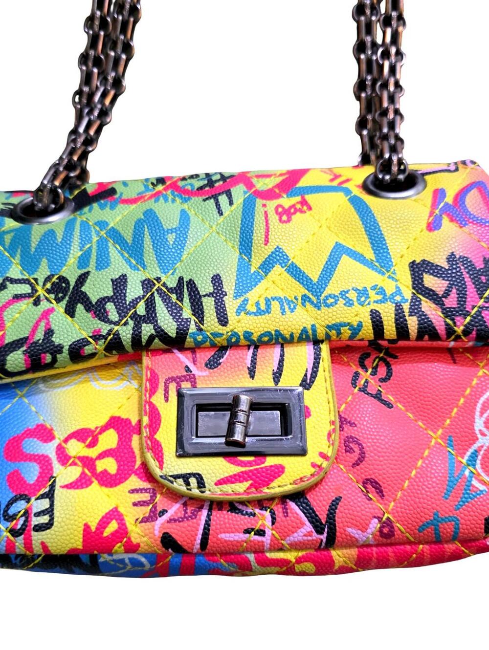 Graffiti Print Mini Flap Crossbody Bag — Chain Shoulder Bag